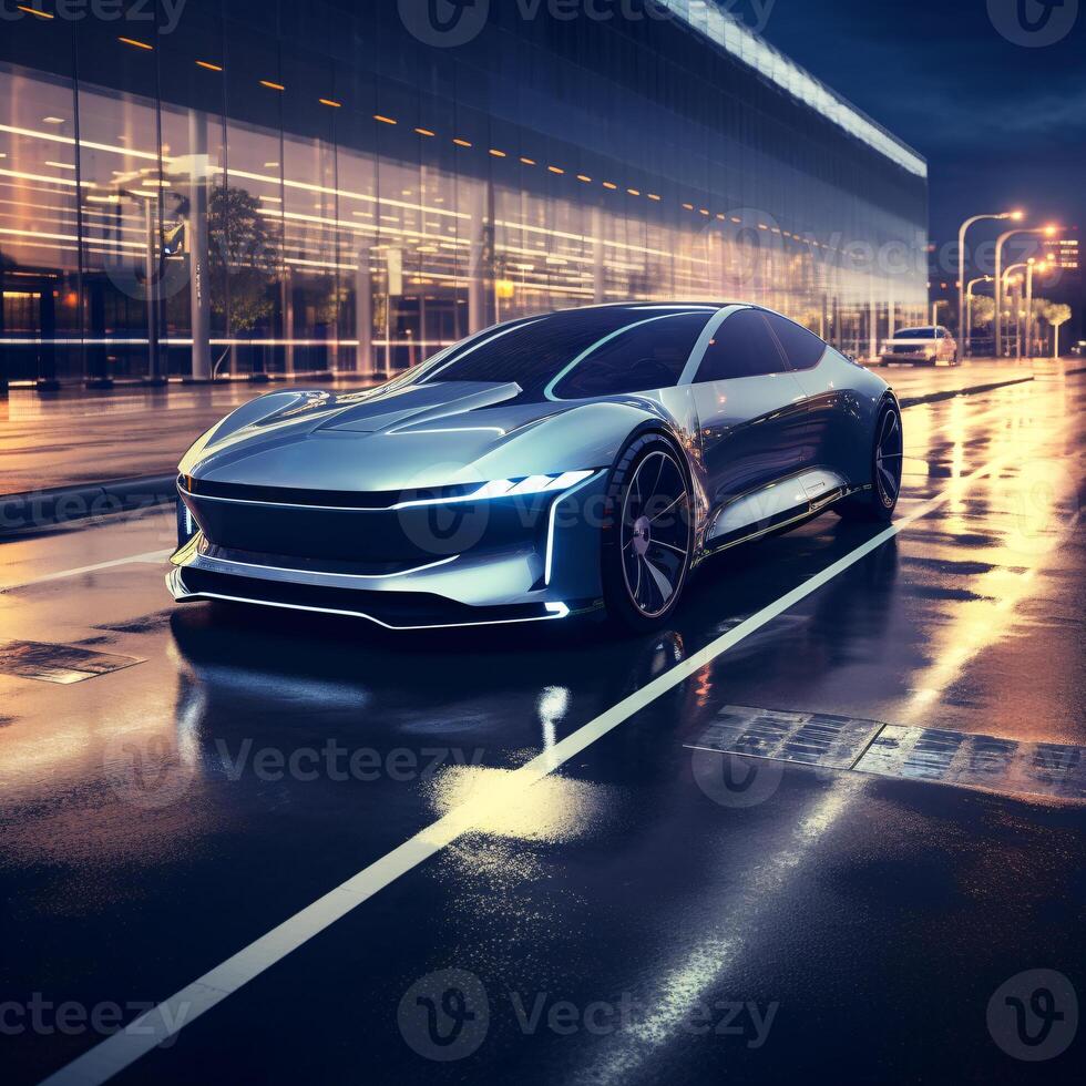 ai généré une futuriste voiture est conduite vers le bas une humide rue à nuit. le voiture est lisse et moderne, avec une brillant argent extérieur. le rue est illuminé par lampadaires, création une de mauvaise humeur atmosphère photo