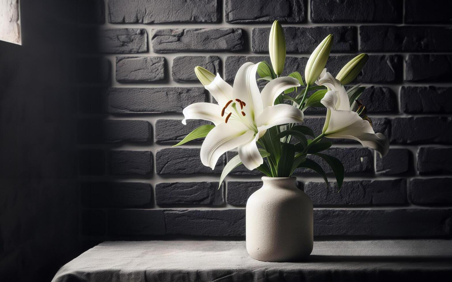 ai généré fleurs de lys dans une vase vieux brique mur Contexte photo