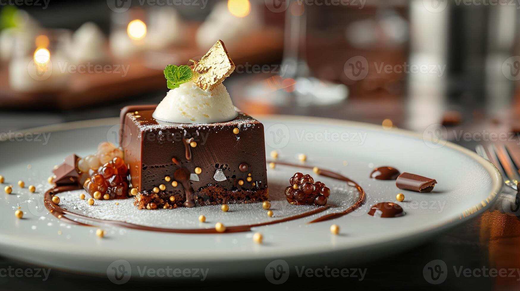 ai généré Chocolat fondant avec artisanal vanille haricot la glace crème et comestible or feuille, une chef-d'oeuvre de gourmet dessert talent artistique. photo