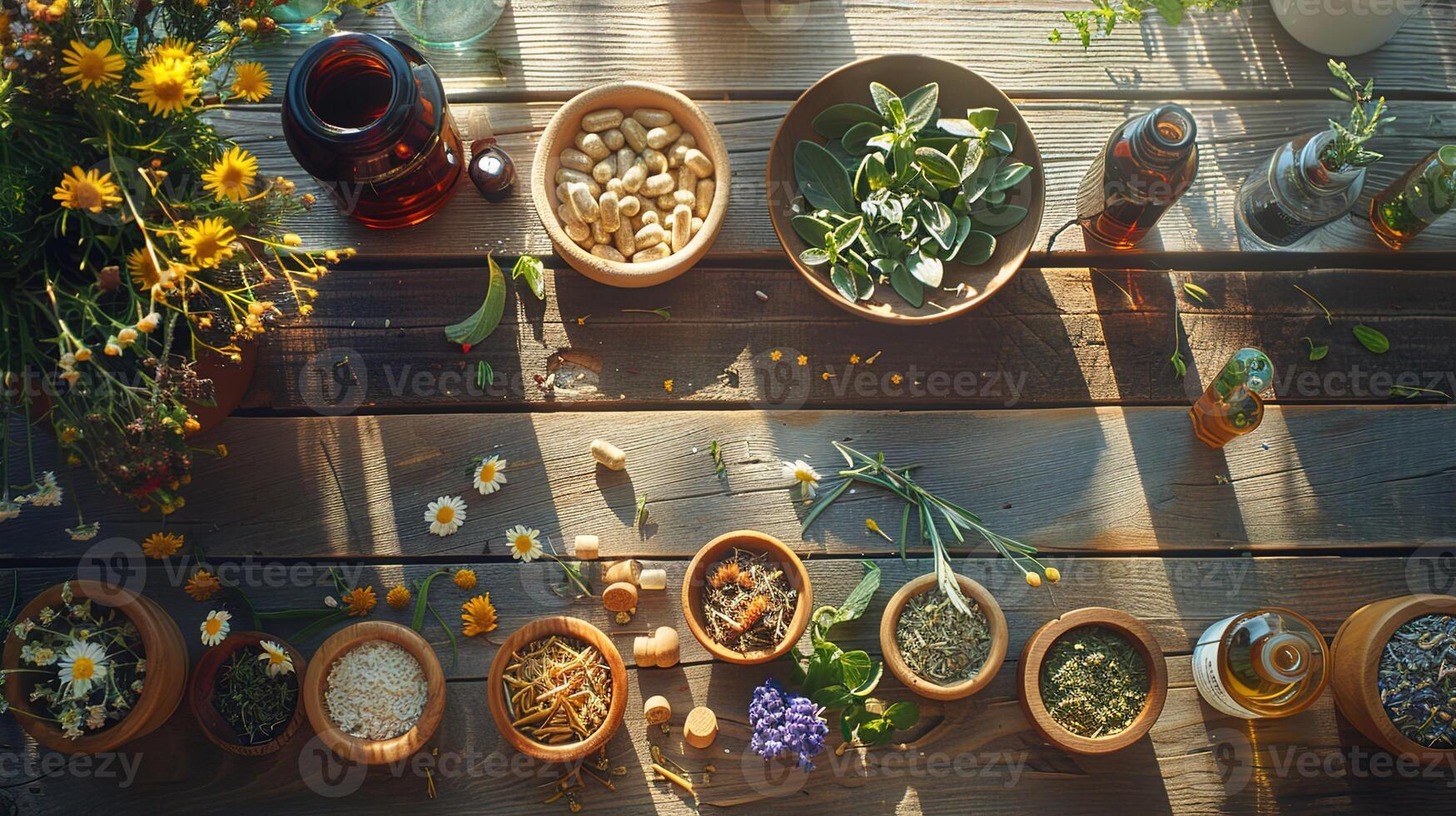 ai généré Naturel remèdes sur une en bois tableau, avec essentiel huiles et médicinal herbes pour une à base de plantes approche à bien-être. photo