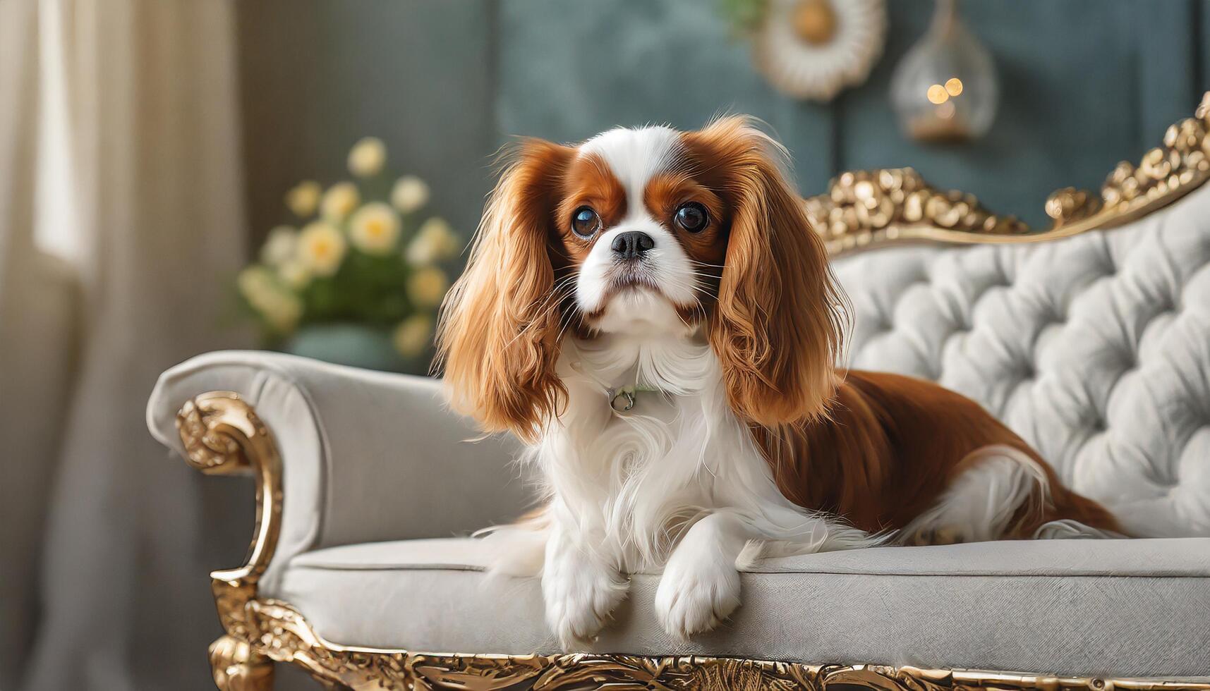 ai généré cavalier Roi Charles chien dans une luxueux vivant pièce photo