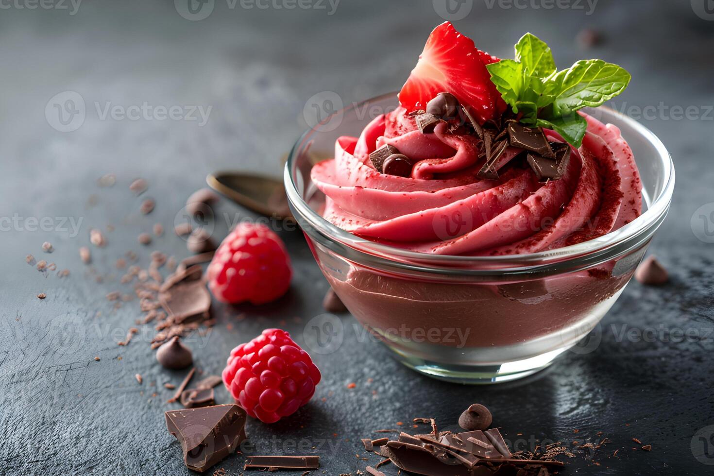 ai généré Chocolat mousse avec baies dans une verre bol sur une foncé Contexte photo