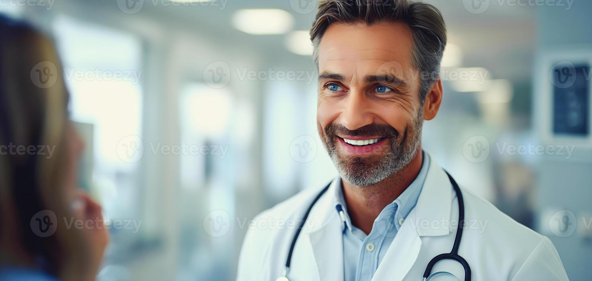 ai généré portrait de Beau mature médecin dans blanc manteau et stéthoscope souriant et parlant à patient dans hôpital, santé se soucier et médical Contexte photo