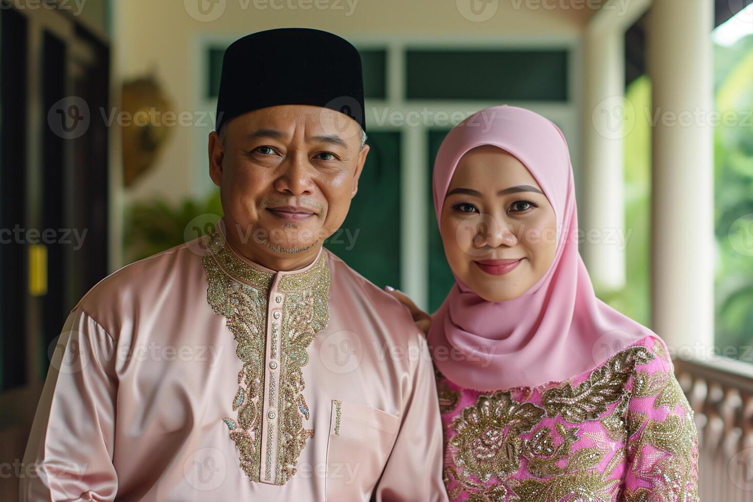 ai généré portrait de une malais musulman couple accueillant leur client pour le fête de hari raya photo