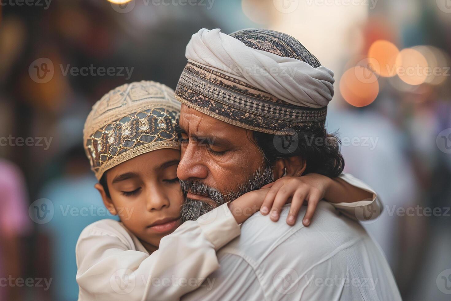 ai généré père et fils dans crâne casquettes embrassement pendant eid ul fitr photo