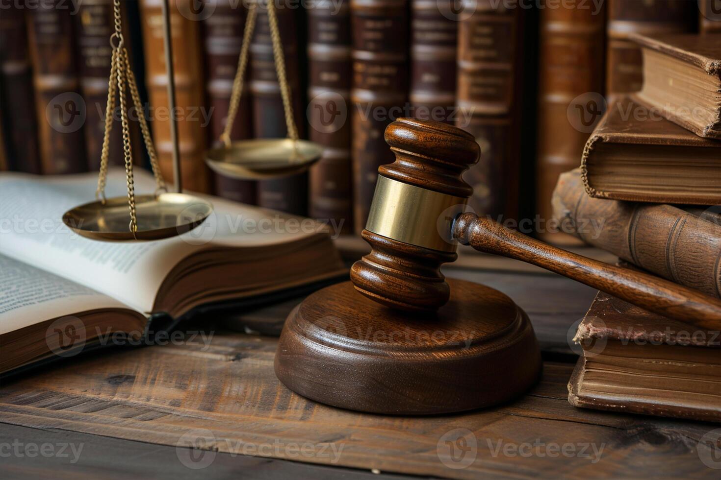 ai généré loi et Justice est représentée par une maillet marteau de le juge, Balance de justice, et livres photo
