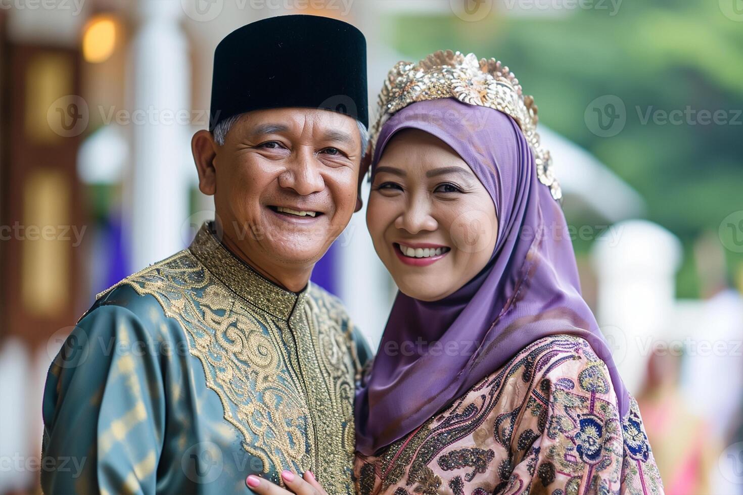 ai généré portrait de une malais musulman couple accueillant leur client pour le fête de hari raya photo