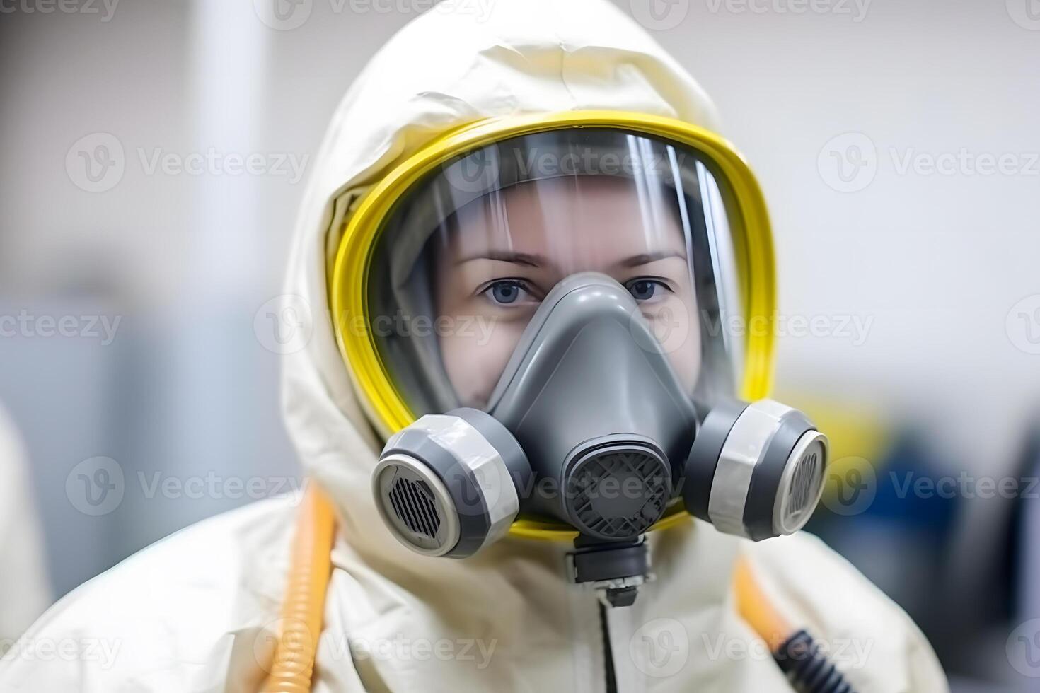 ai généré femme portant gants avec Danger biologique chimique protecteur costume et masque. neural réseau ai généré photo