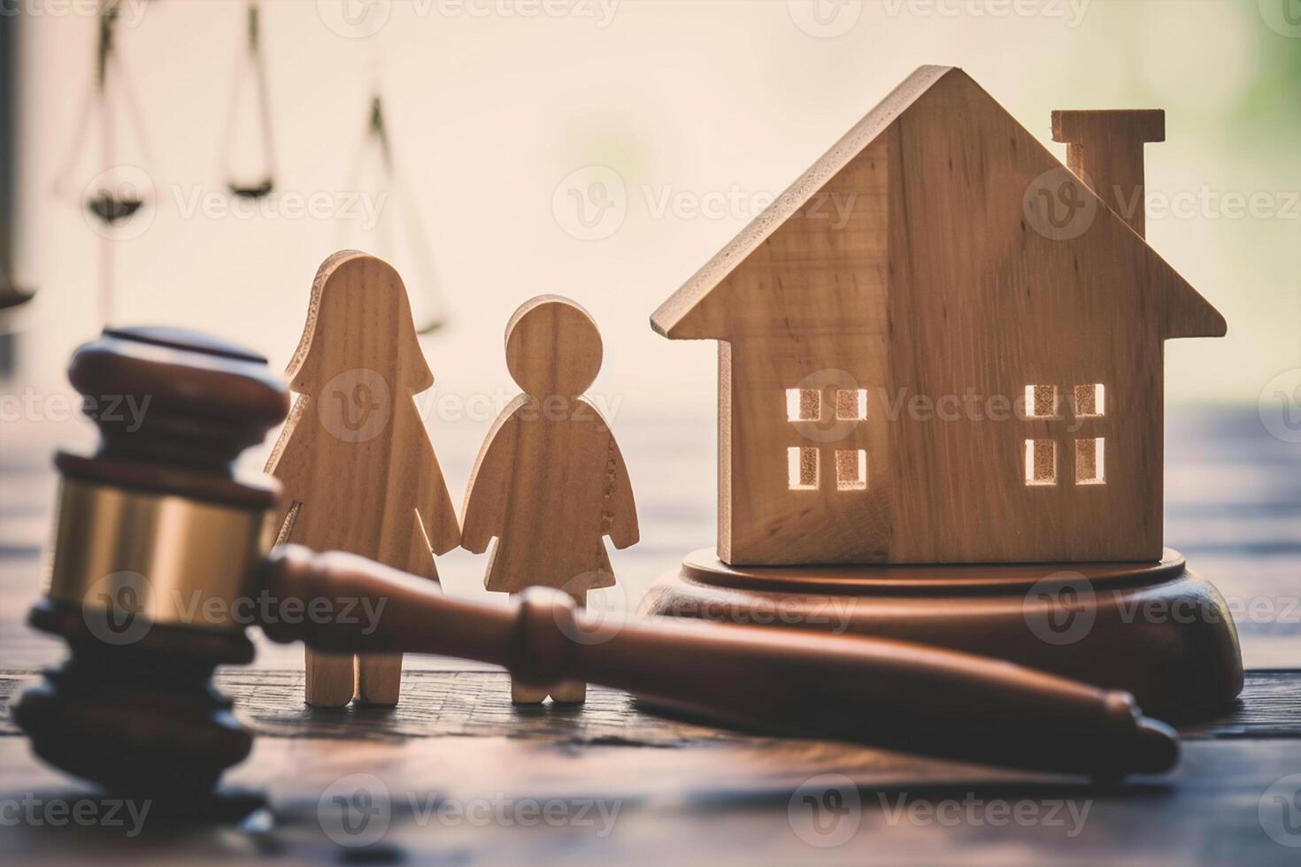 ai généré divorcer propriété division concept. en bois famille avec maison et juge marteau photo