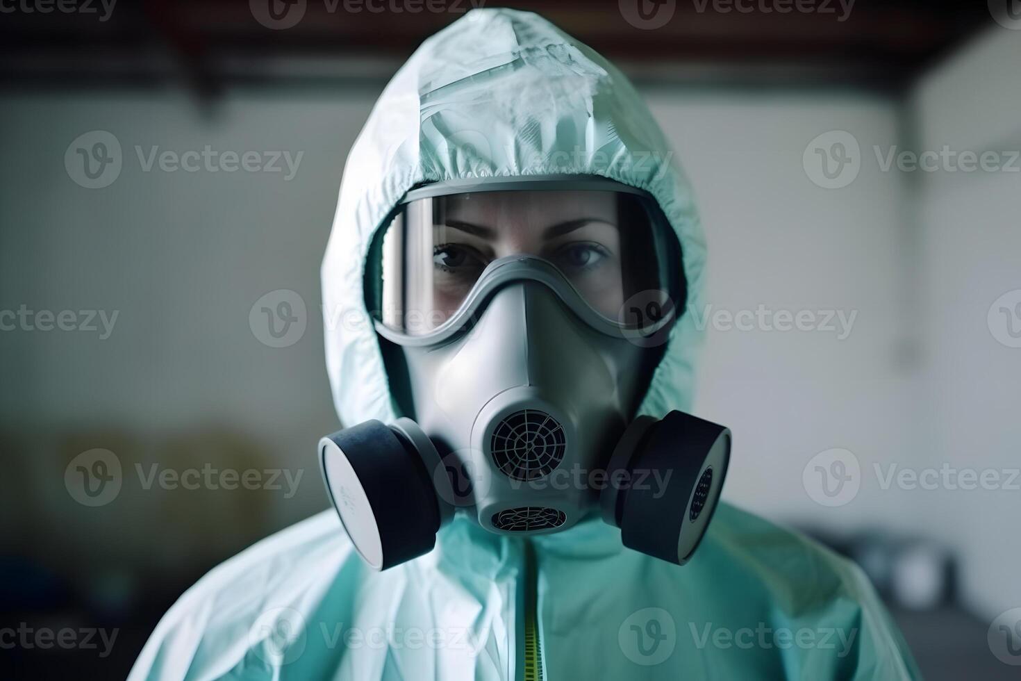 ai généré femme portant gants avec Danger biologique chimique protecteur costume et masque. neural réseau ai généré photo