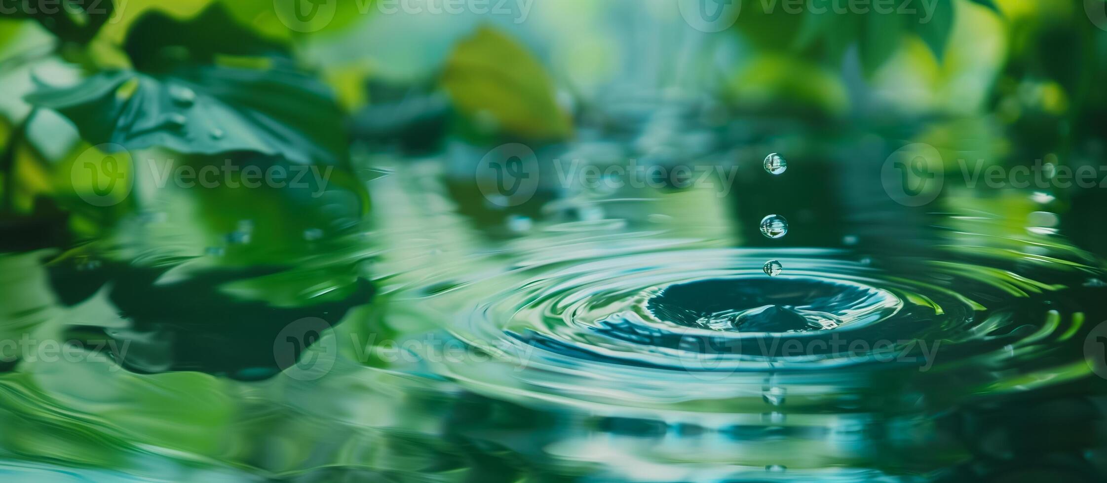 ai généré serein l'eau gouttelettes chute dans une tranquille étang, création concentrique ondulations, entouré par luxuriant vert feuillage, symbolisant paix et natures pureté photo