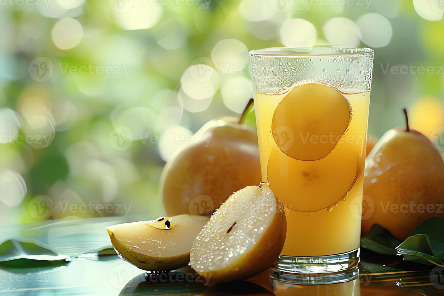 ai généré verre de poire jus sur table dans café, fermer. photo