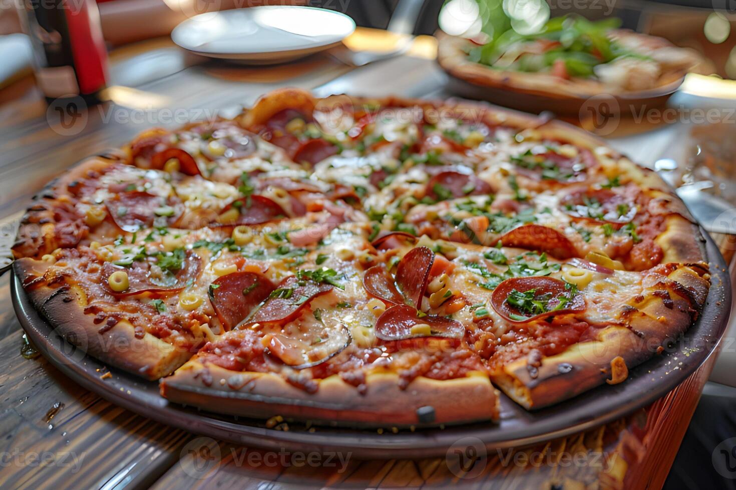 ai généré Pizza avec salami, mozzarella fromage, tomates et herbes photo