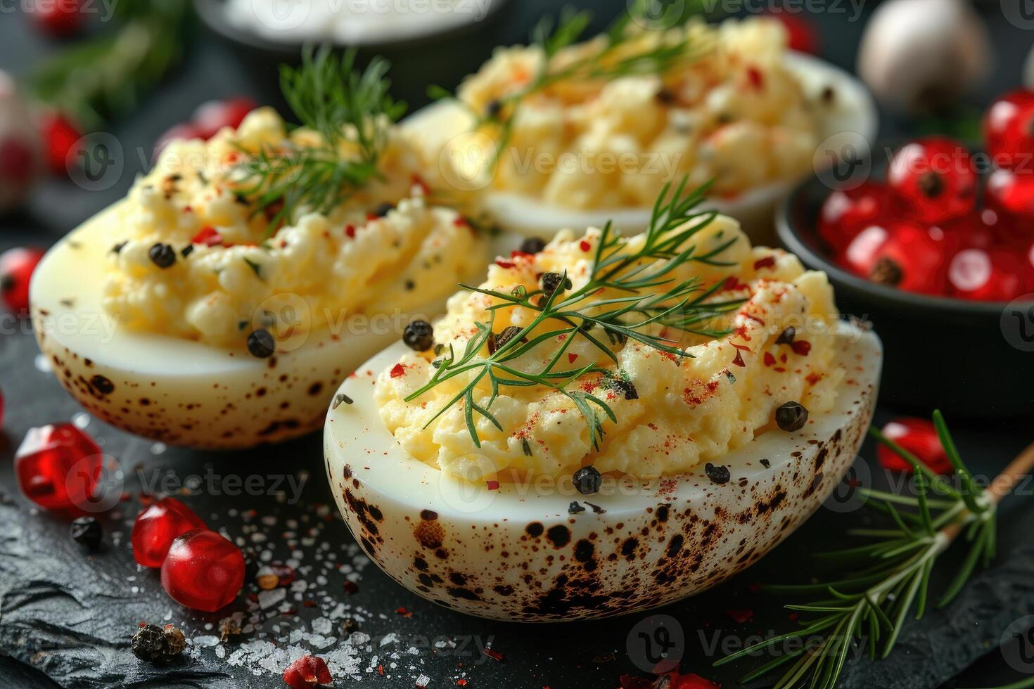 ai généré diable Oeuf dans le cuisine table professionnel La publicité nourriture la photographie photo