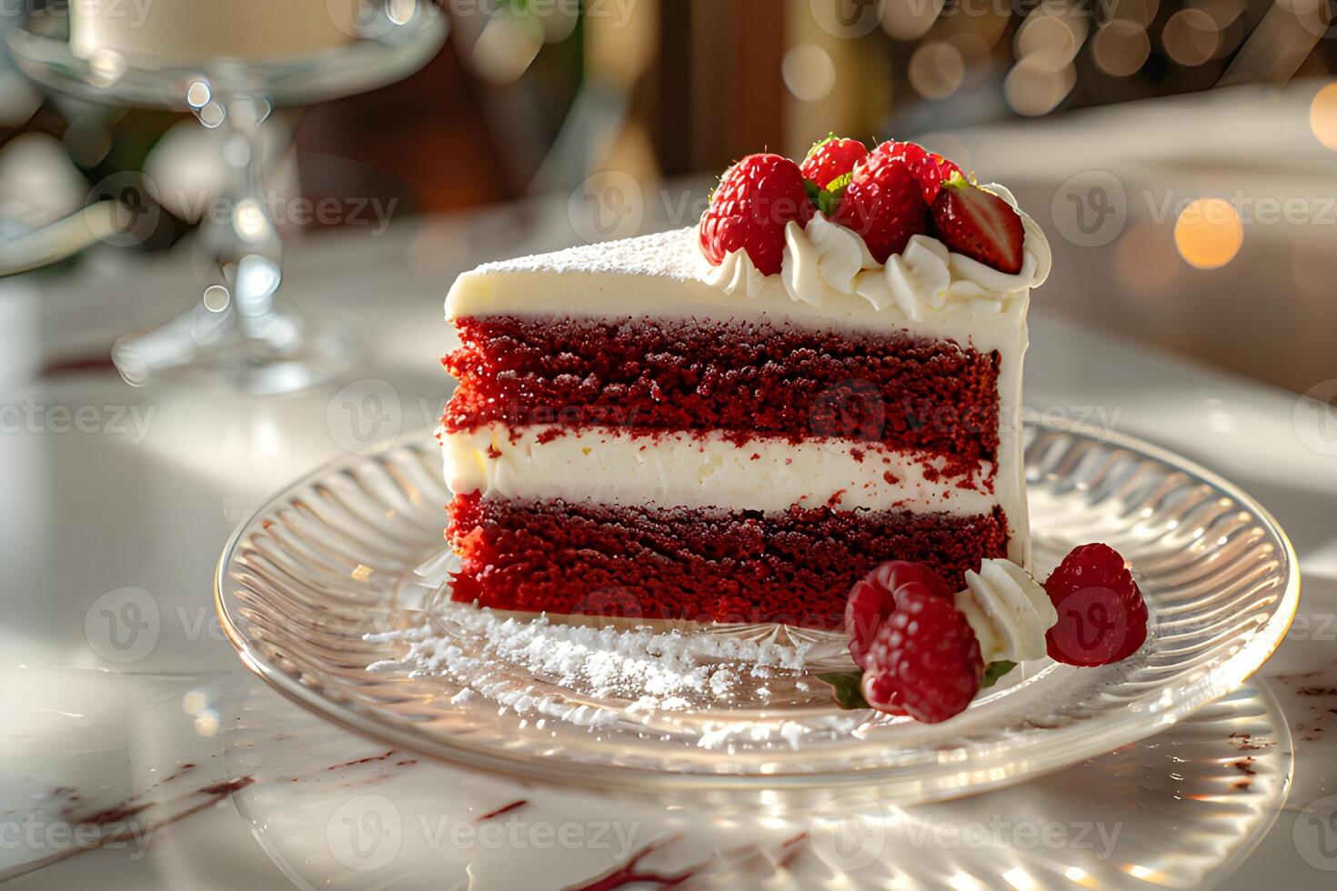 ai généré rouge velours gâteau sur une verre assiette photo