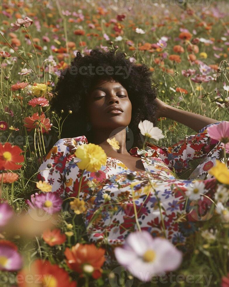 ai généré hippie style noir femme dans une relaxant pose mensonge sur une magnifique champ de fleurs photo