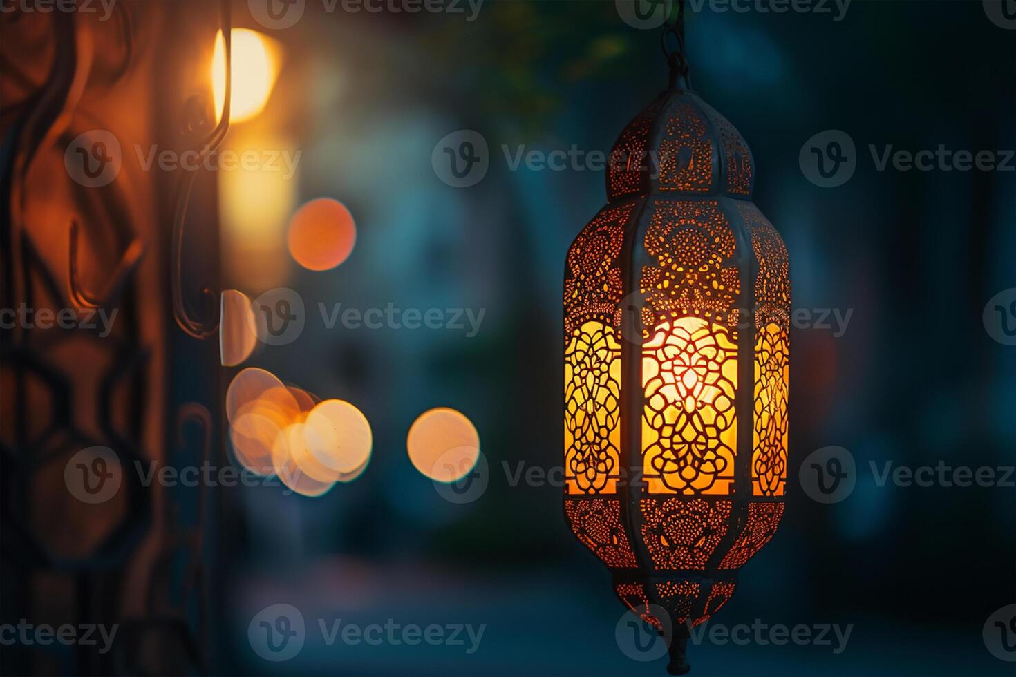 ai généré lanterne dans le ville à nuit, Ramadan kareem concept photo