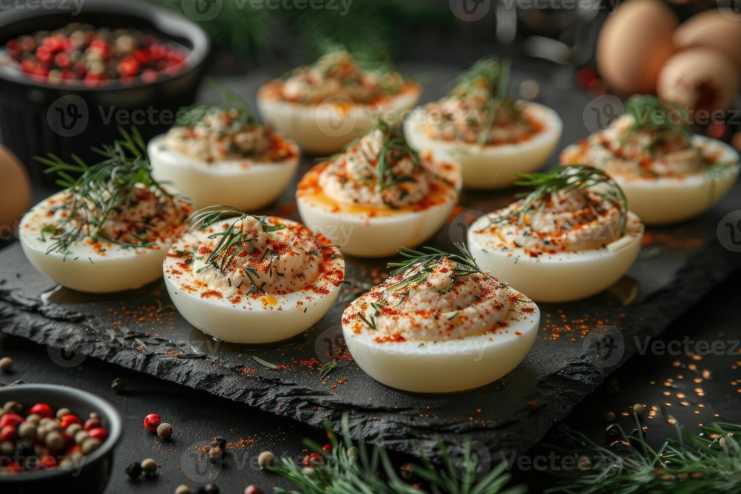 ai généré diable Oeuf dans le cuisine table professionnel La publicité nourriture la photographie photo