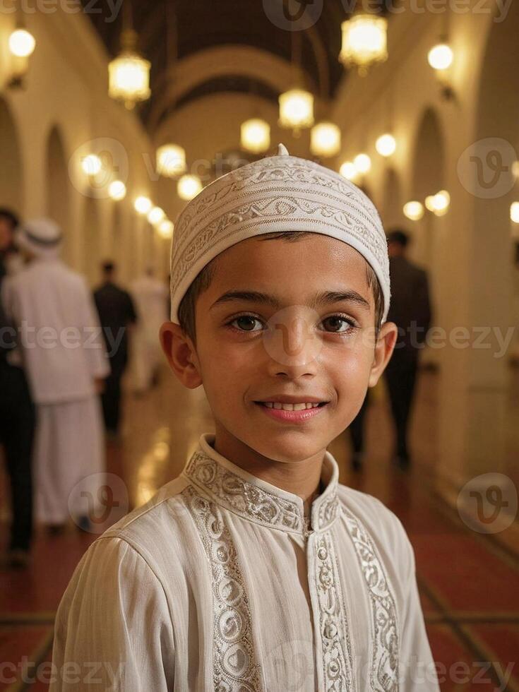 ai généré capturer joie cinématique portrait de une content musulman enfant généré par ai photo