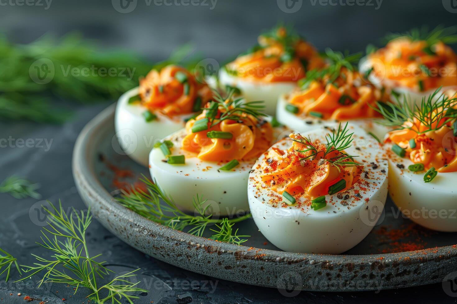 ai généré diable Oeuf dans le cuisine table professionnel La publicité nourriture la photographie photo