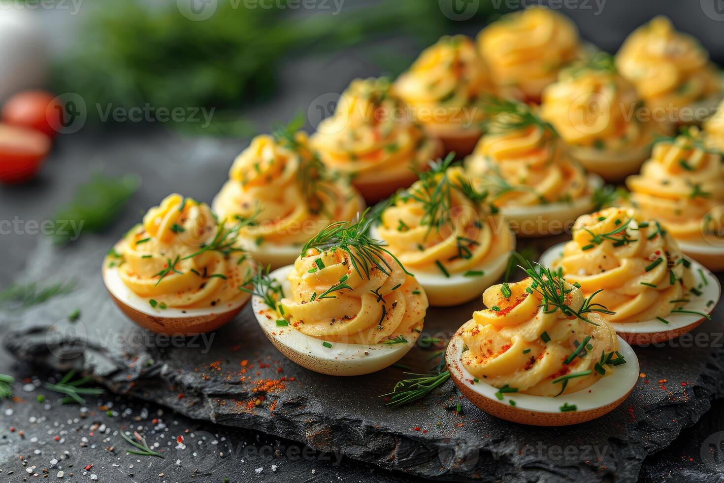 ai généré diable Oeuf dans le cuisine table professionnel La publicité nourriture la photographie photo