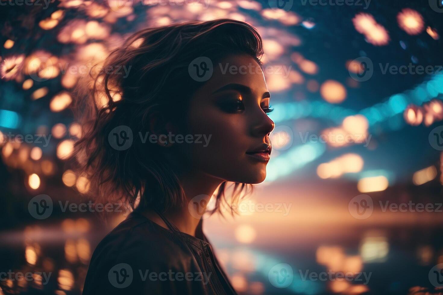 ai généré rêveur femme dans silhouette, cosmique floral aura photo