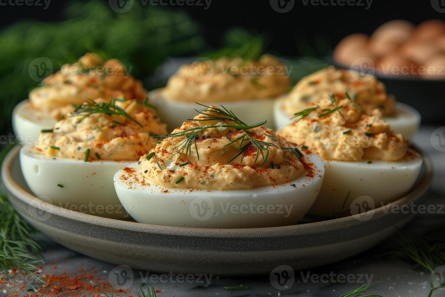 ai généré diable Oeuf dans le cuisine table professionnel La publicité nourriture la photographie photo