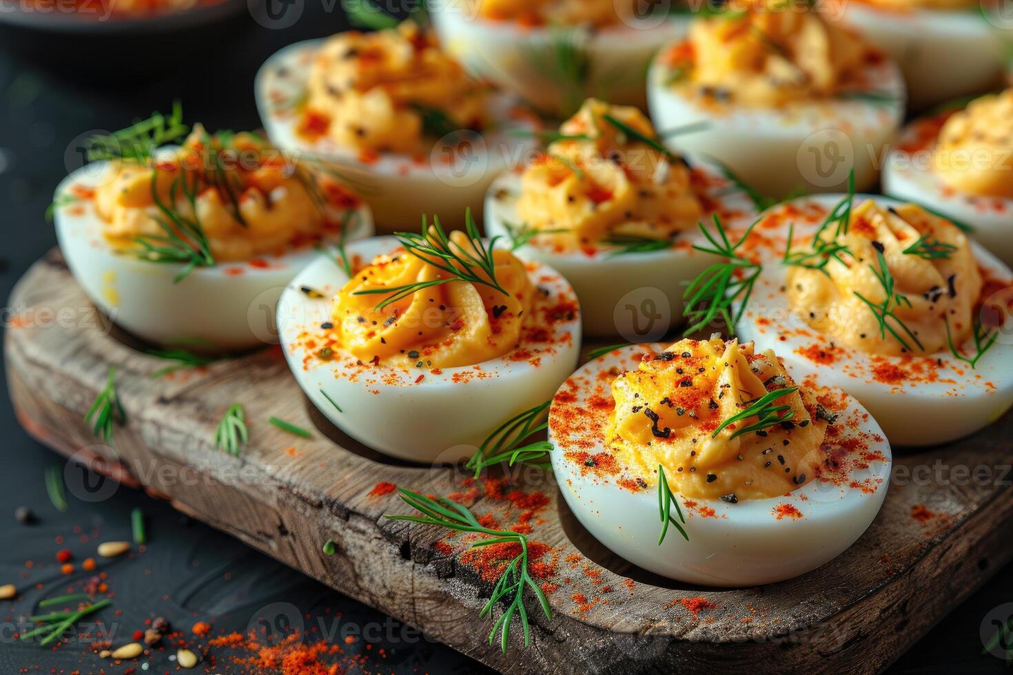 ai généré diable Oeuf dans le cuisine table professionnel La publicité nourriture la photographie photo