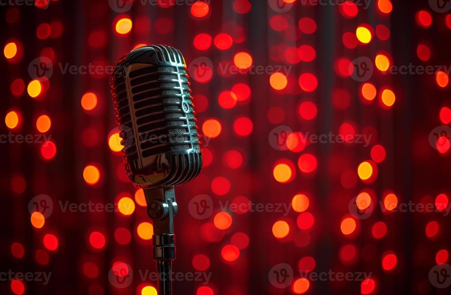 ai généré ancien microphone sur étape dans le projecteur performance de le musical grouper. photo