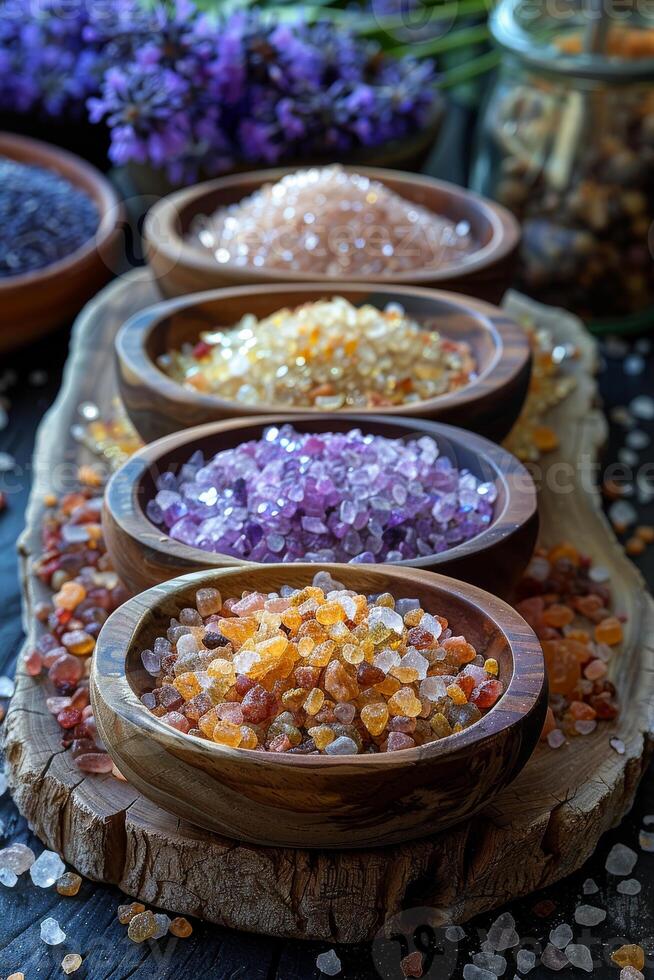 ai généré variété de Naturel sels dans en bois boules sur en bois table photo