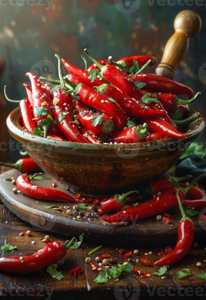 ai généré rouge chaud le Chili poivrons dans bol photo