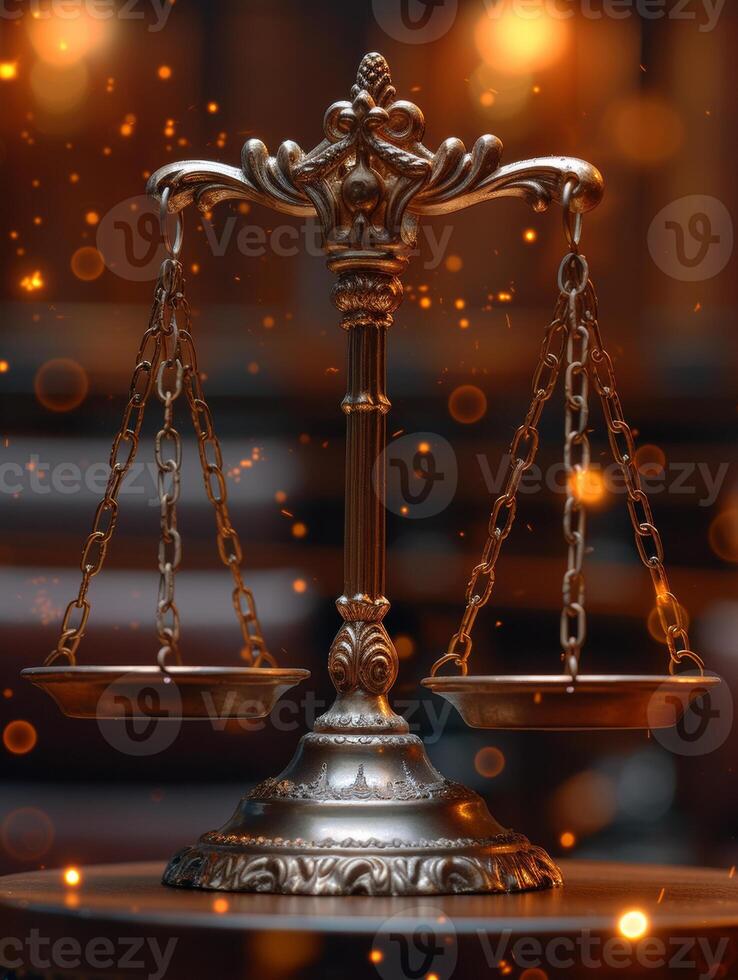 ai généré Balance de Justice sur bokeh Contexte photo