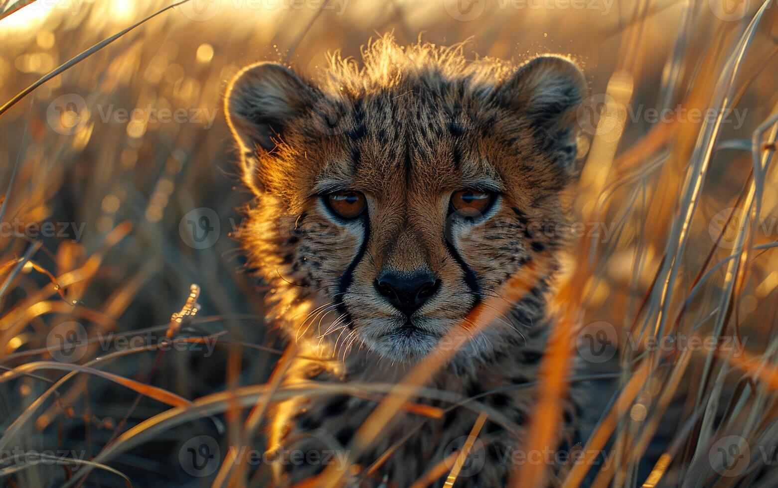 ai généré guépard lionceau est assis dans grand herbe à le coucher du soleil photo