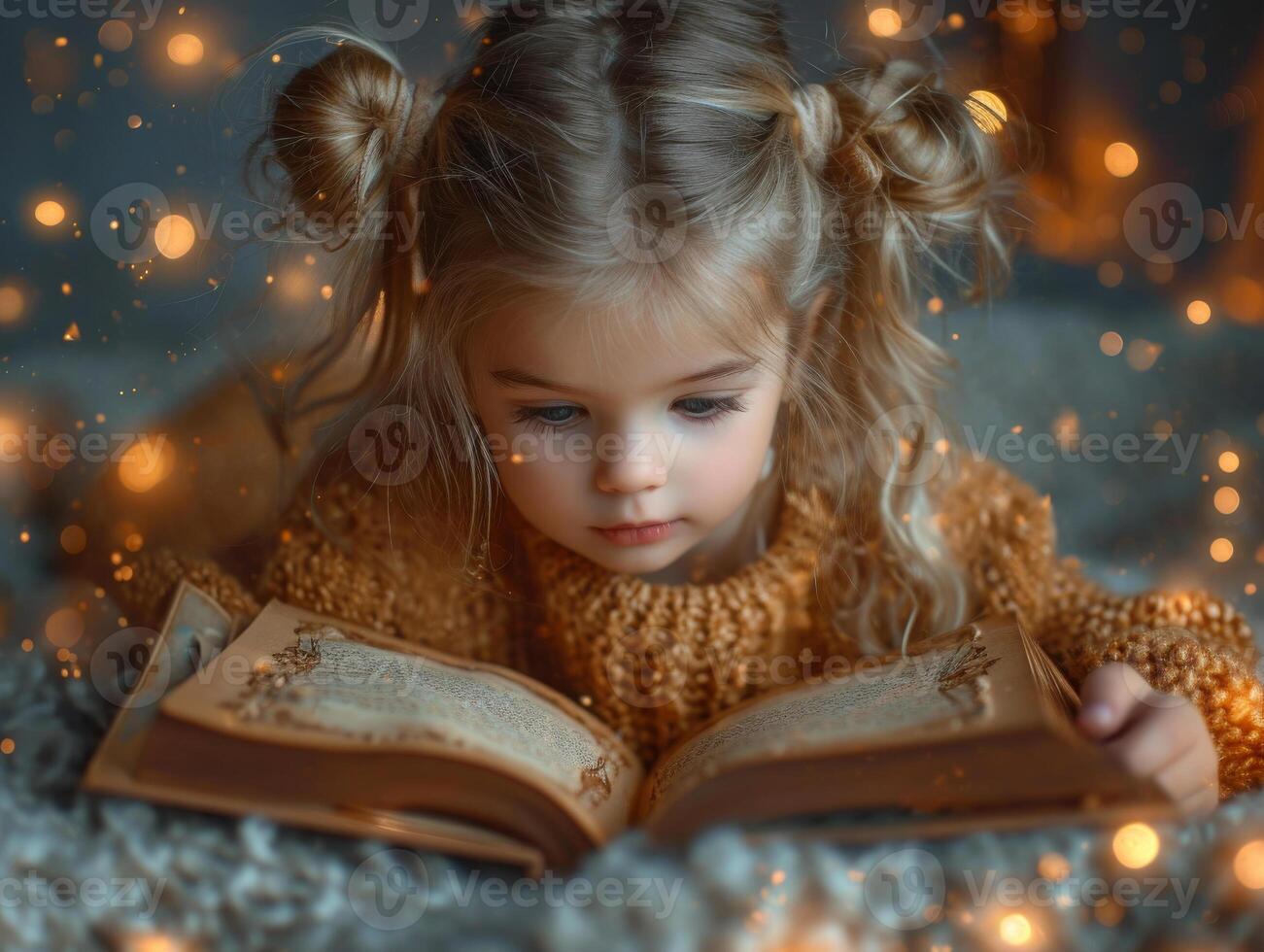 ai généré mignonne peu enfant fille est en train de lire la magie livre mensonge sur le lit photo