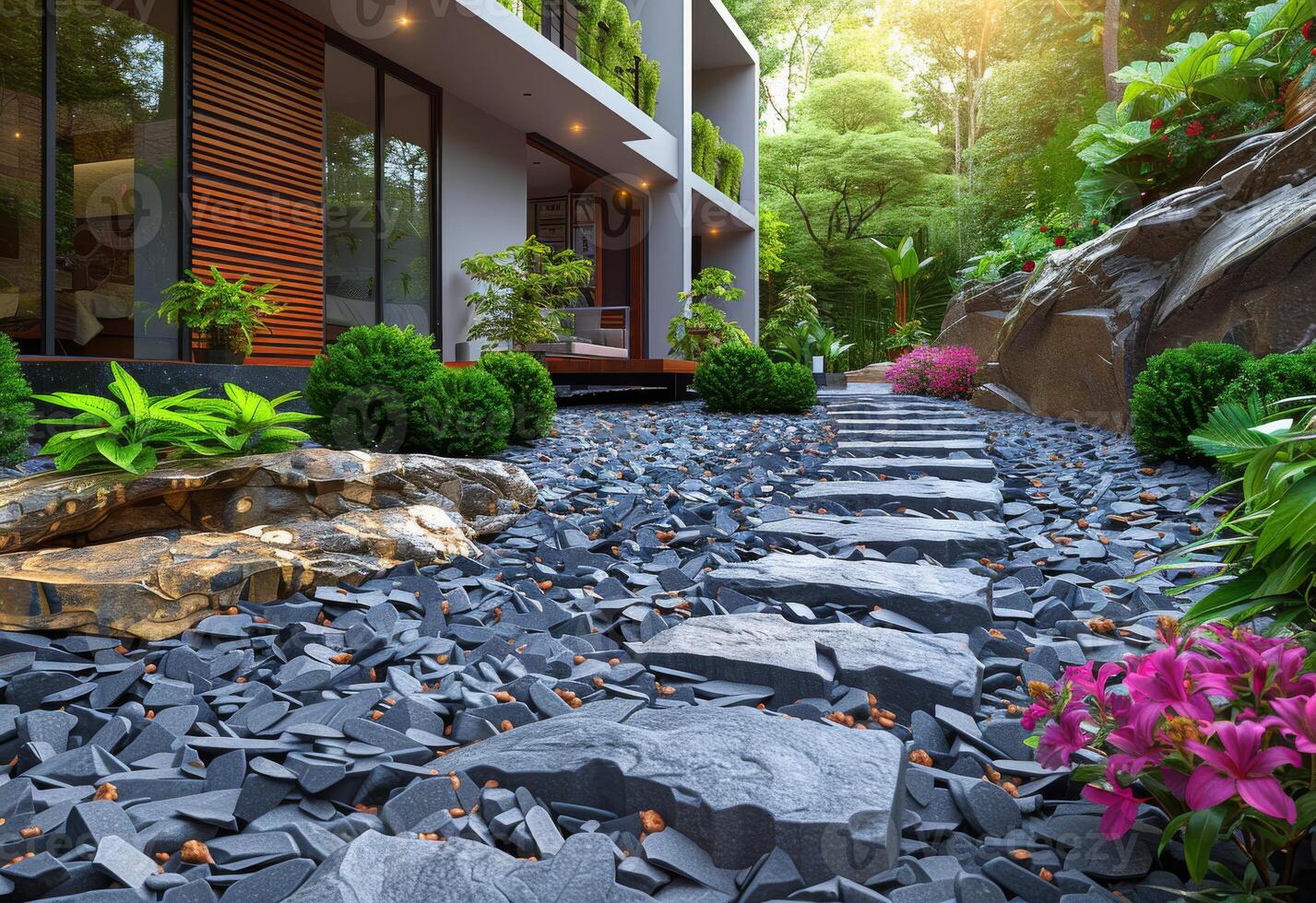 ai généré le en bois maison avec jardin décoration dans le soir photo