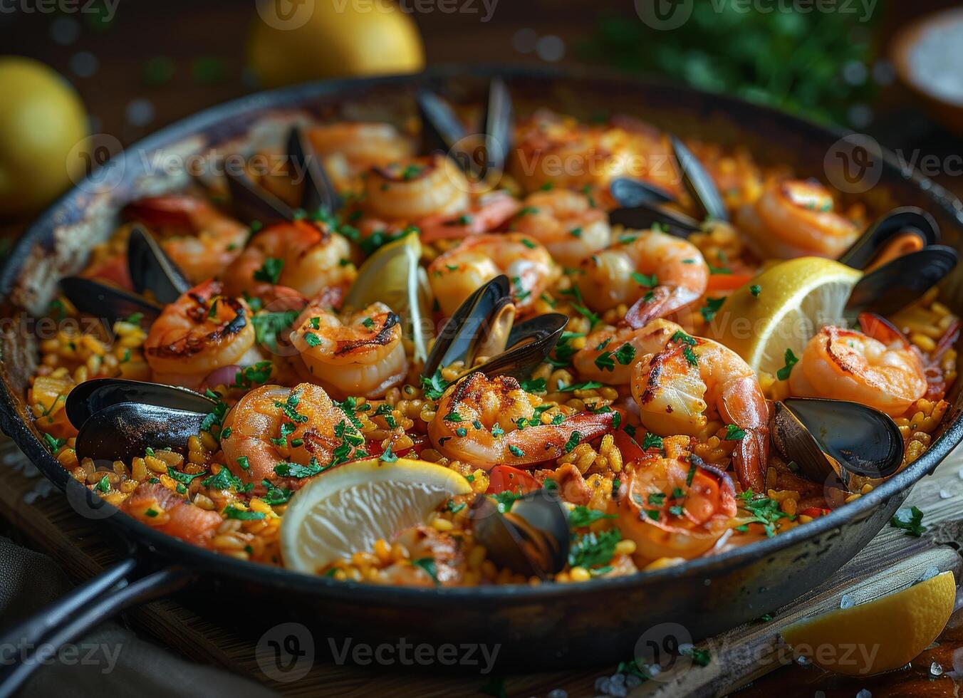 ai généré traditionnel Fruit de mer Paëlla dans le frire la poêle sur en bois vieux table photo