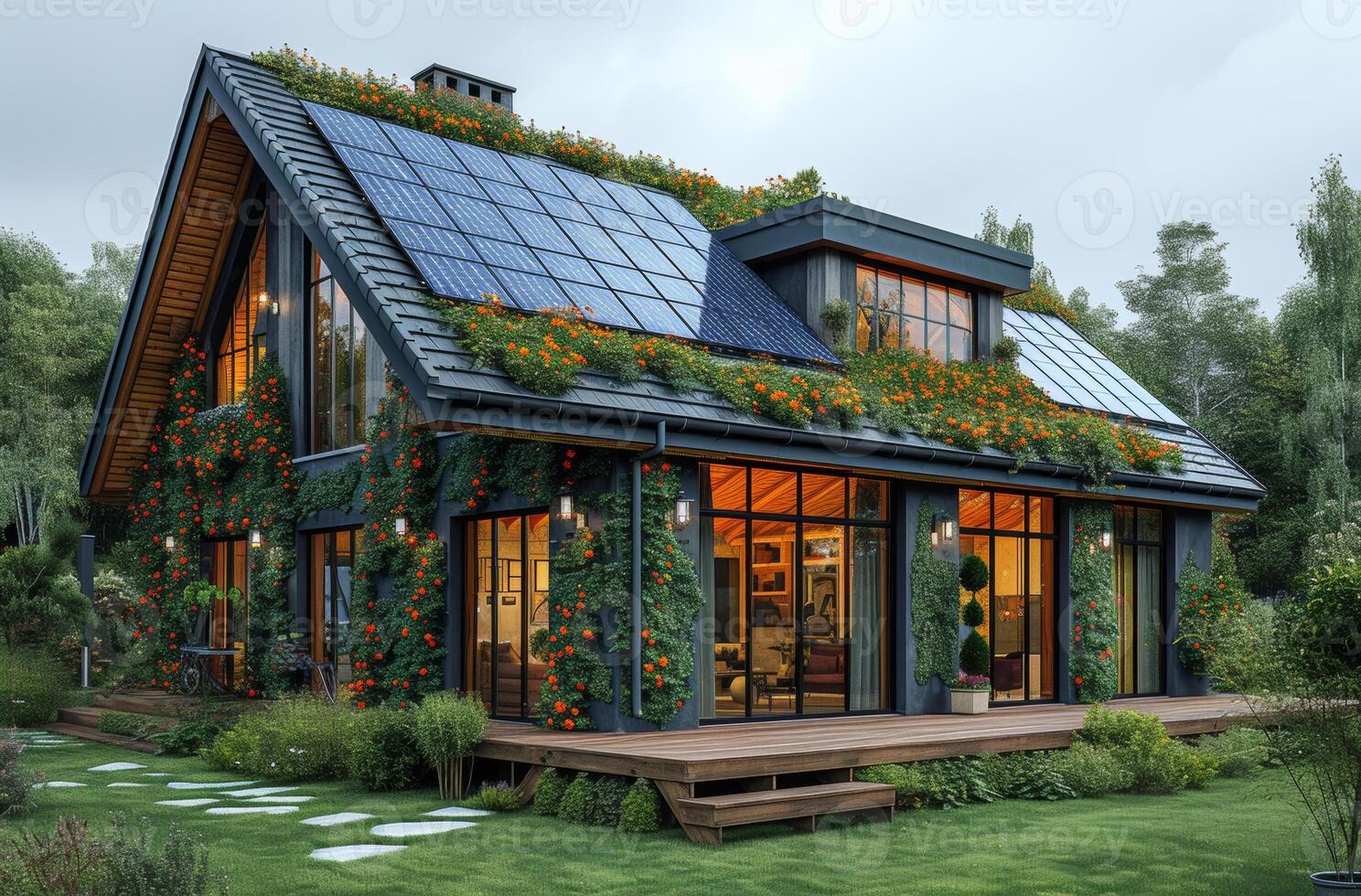 ai généré maison avec jardin et solaire panneaux sur le toit photo