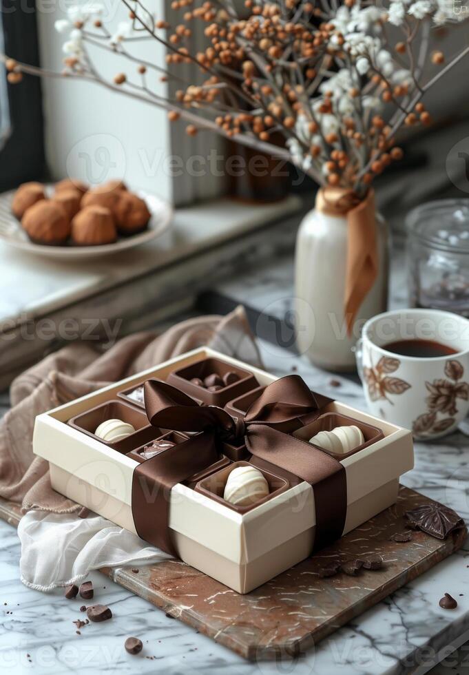 ai généré boîte de des chocolats avec ruban sur marbre table photo