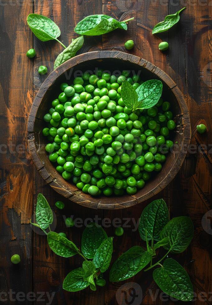 ai généré Frais vert pois dans en bois bol sur foncé rustique Contexte photo