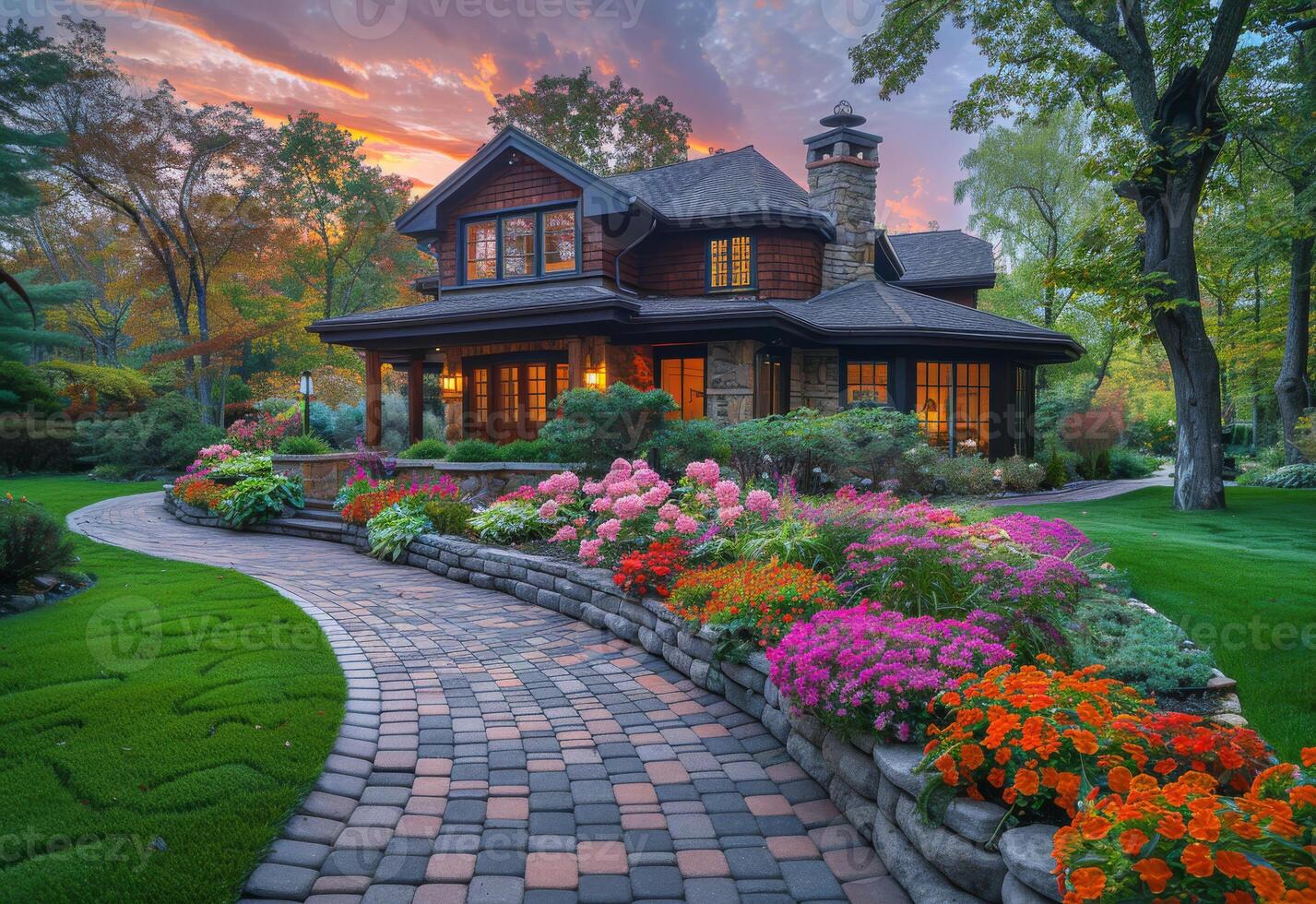 ai généré magnifique maison avec fleurs et pierre passerelle pendant le coucher du soleil photo