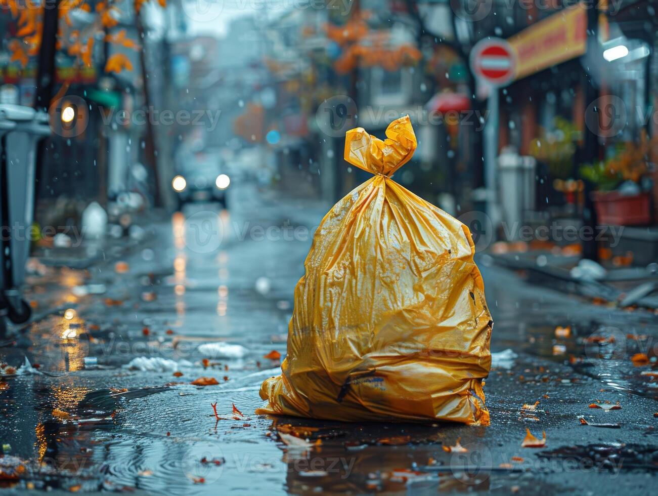 ai généré des ordures sac la gauche sur le rue pendant pluvieux journée photo