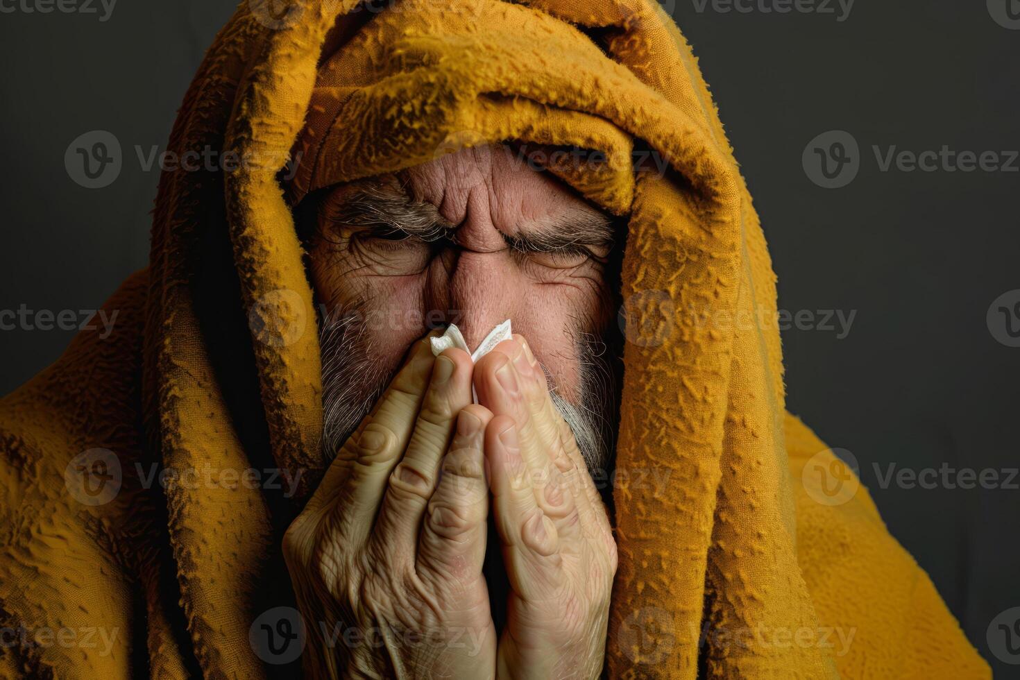 ai généré malade homme couvert dans chaud couverture séance sur canapé dans vivant chambre, éternuements nez avec serviette de table. génératif ai photo