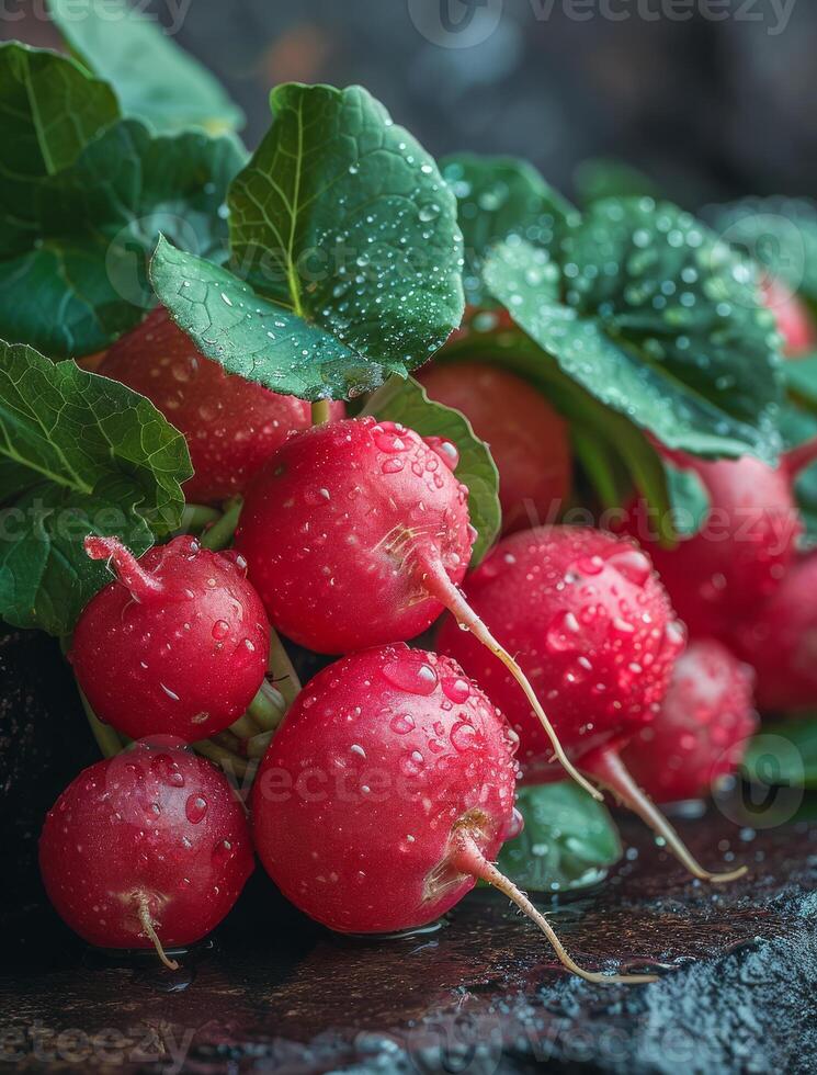 ai généré Frais des radis avec l'eau gouttes sur foncé Contexte photo