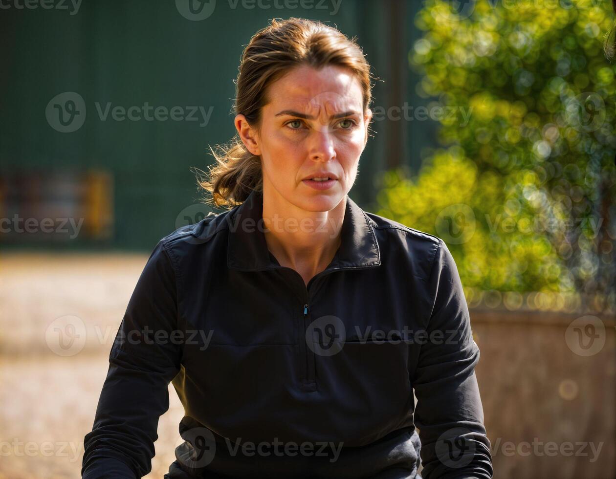 ai généré photo de magnifique femme comme une à l'abri agent portant noir longue manche chemise et tactique haleter, génératif ai