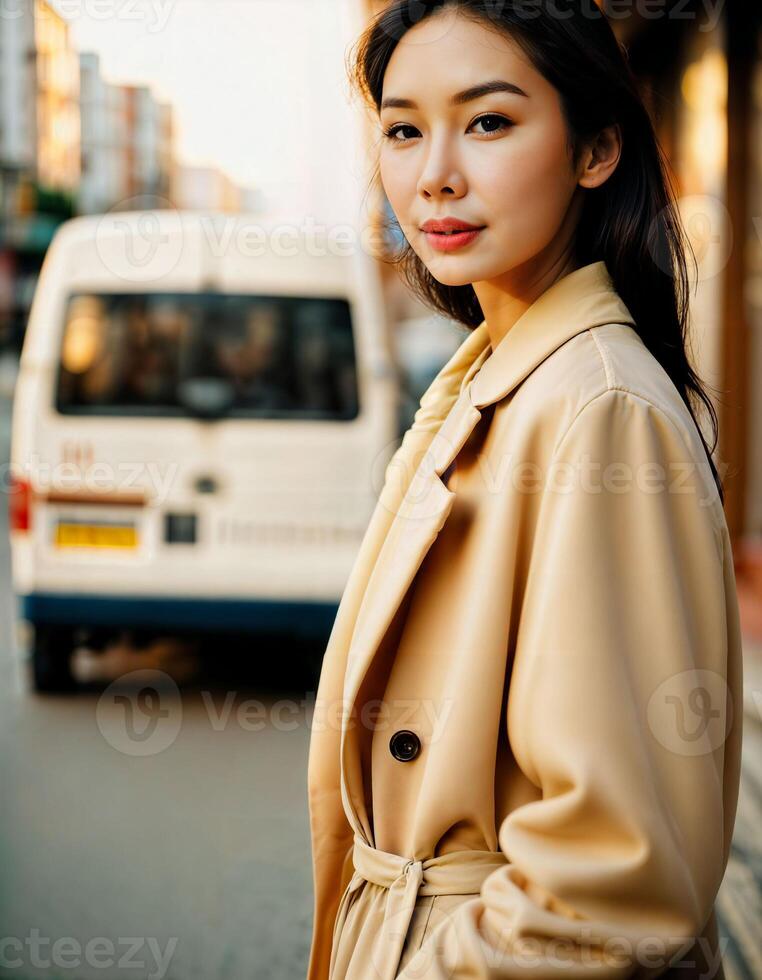 ai généré photo de magnifique asiatique femme avec le coucher du soleil lumière près un camion et rue chaussée, génératif ai