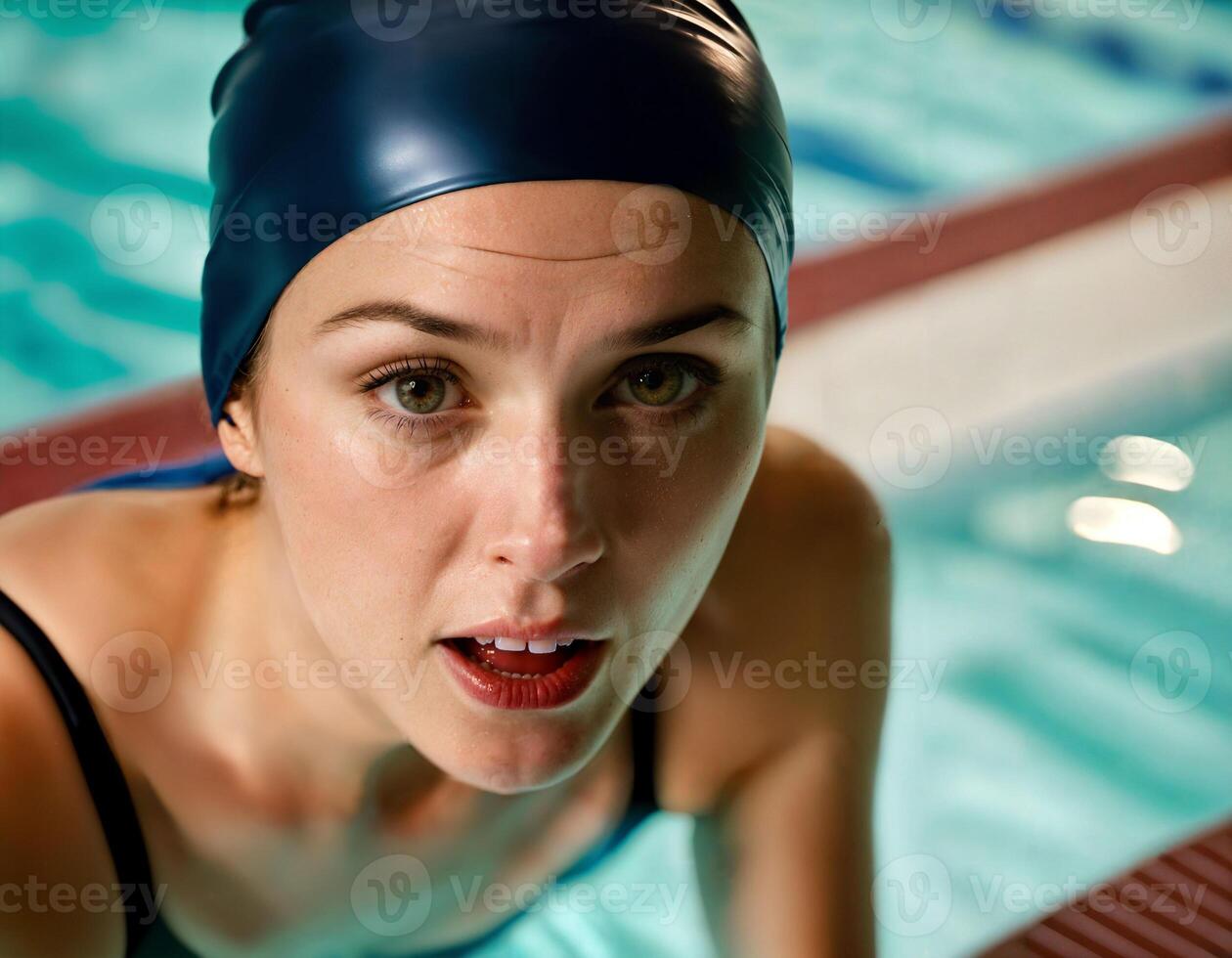 ai généré photo de magnifique en colère femme comme une nageur avec blessure et petit du sang à le intérieur nager piscine, génératif ai