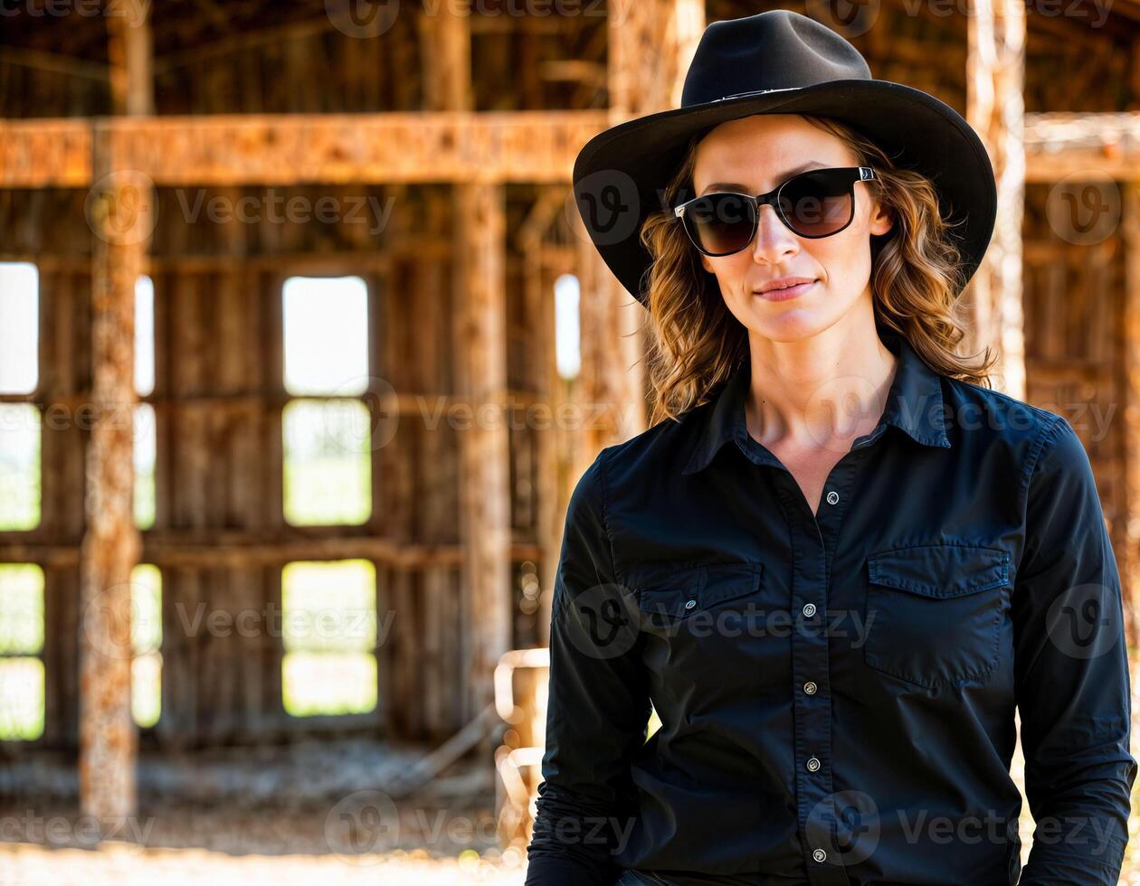 ai généré photo de magnifique femme comme une professionnel agent portant noir longue manche chemise et tactique haleter et cow-boy chapeau om ranch, génératif ai