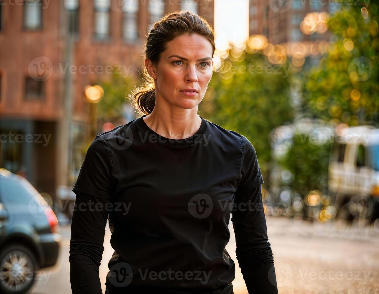 ai généré photo de magnifique femme comme une à l'abri agent portant noir longue manche chemise et tactique haleter, génératif ai