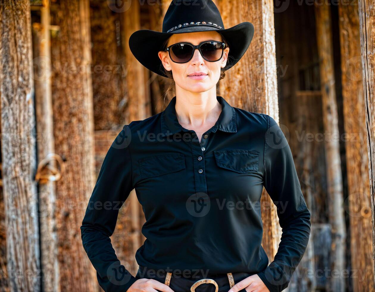 ai généré photo de magnifique femme comme une professionnel agent portant noir longue manche chemise et tactique haleter et cow-boy chapeau om ranch, génératif ai