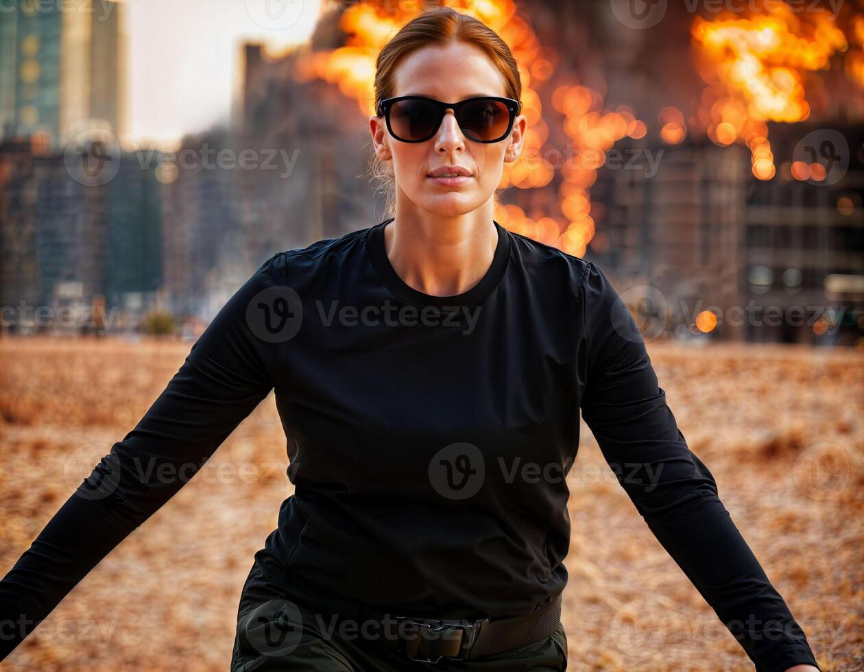 ai généré photo de magnifique femme comme une à l'abri agent portant noir longue manche chemise et tactique haleter avec Feu et fumée ville dans danger scène, génératif ai